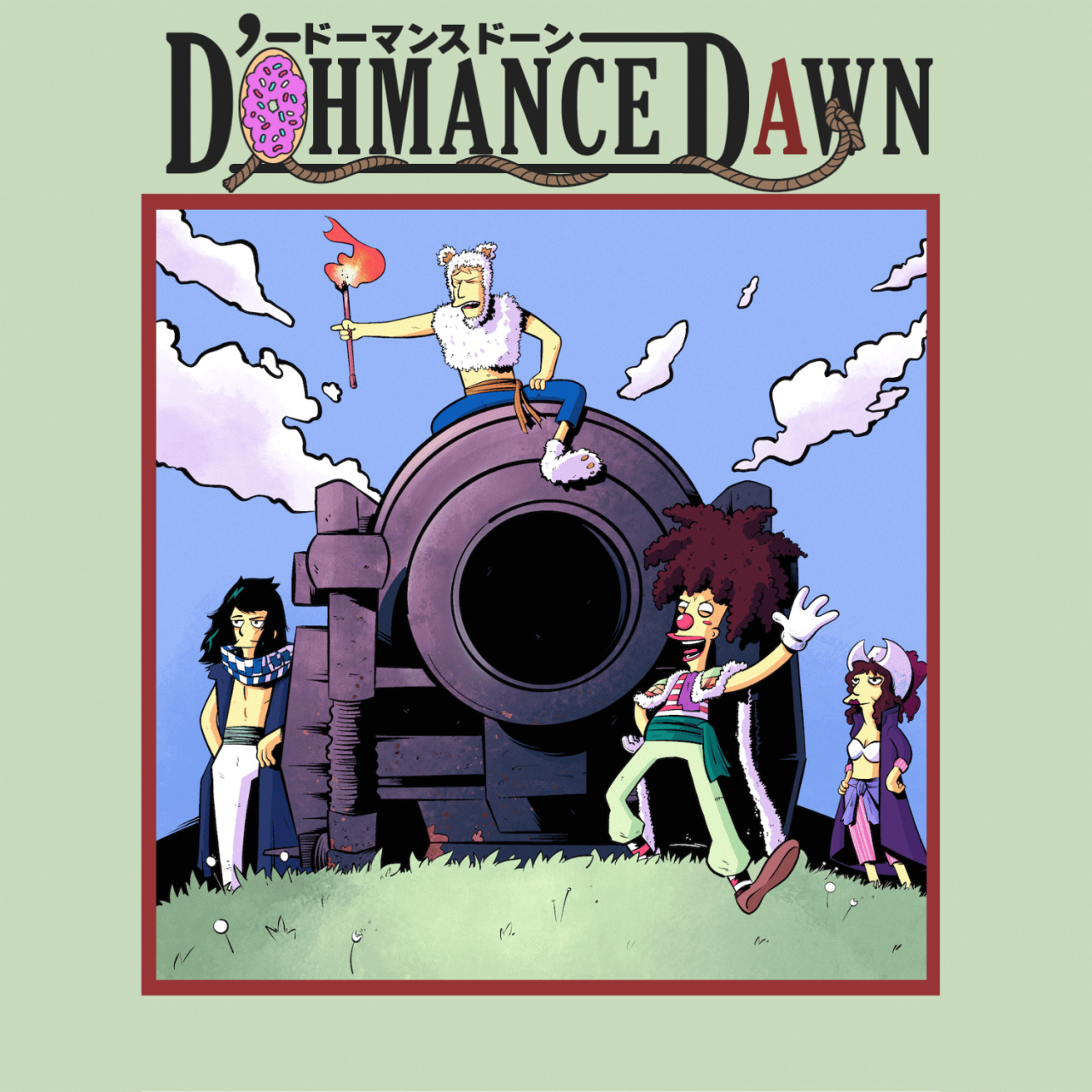 Sideshow Bob as Buggy and the other Buggy Pirates pose in front of a large cannon