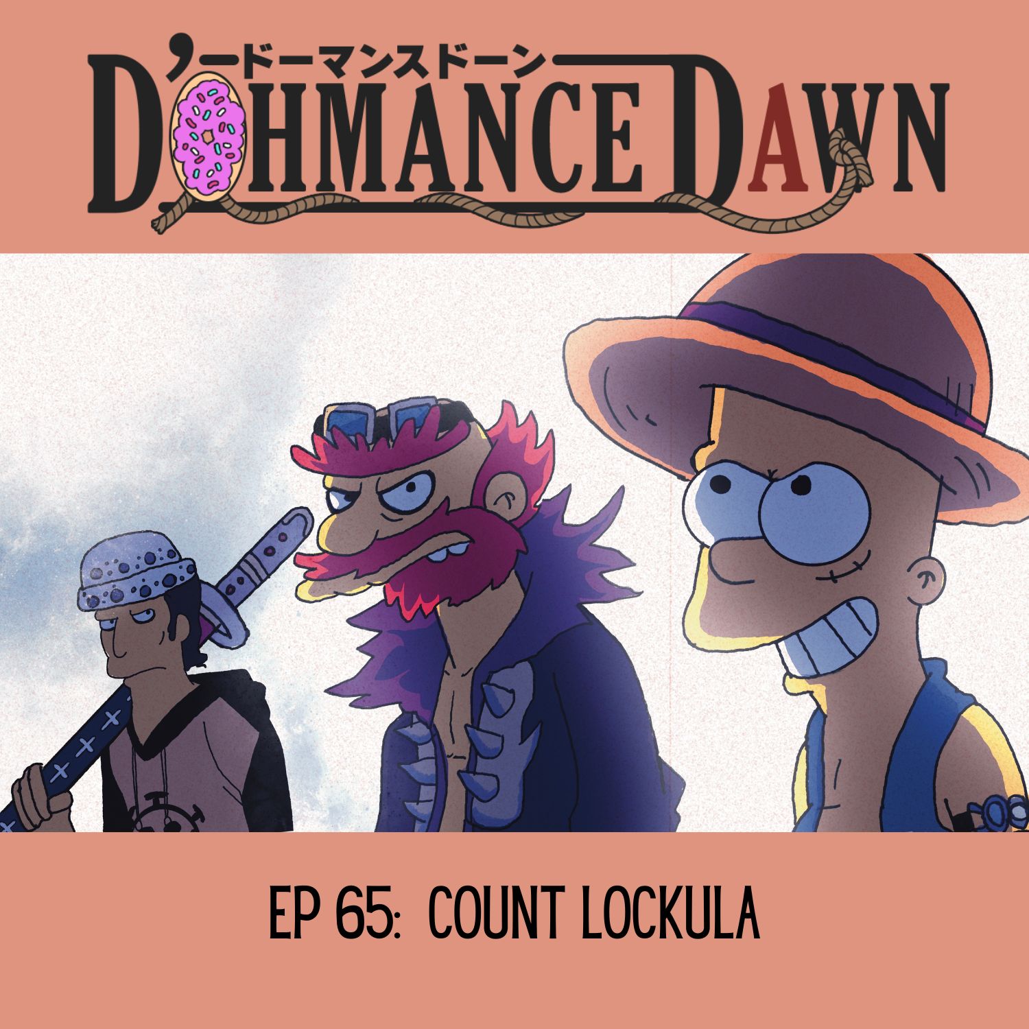 Sam Malone as Trafalgar Law, Groundskeeper Willie as Eustass Kidd, and Stretch Dude Bart look at an unseen force.