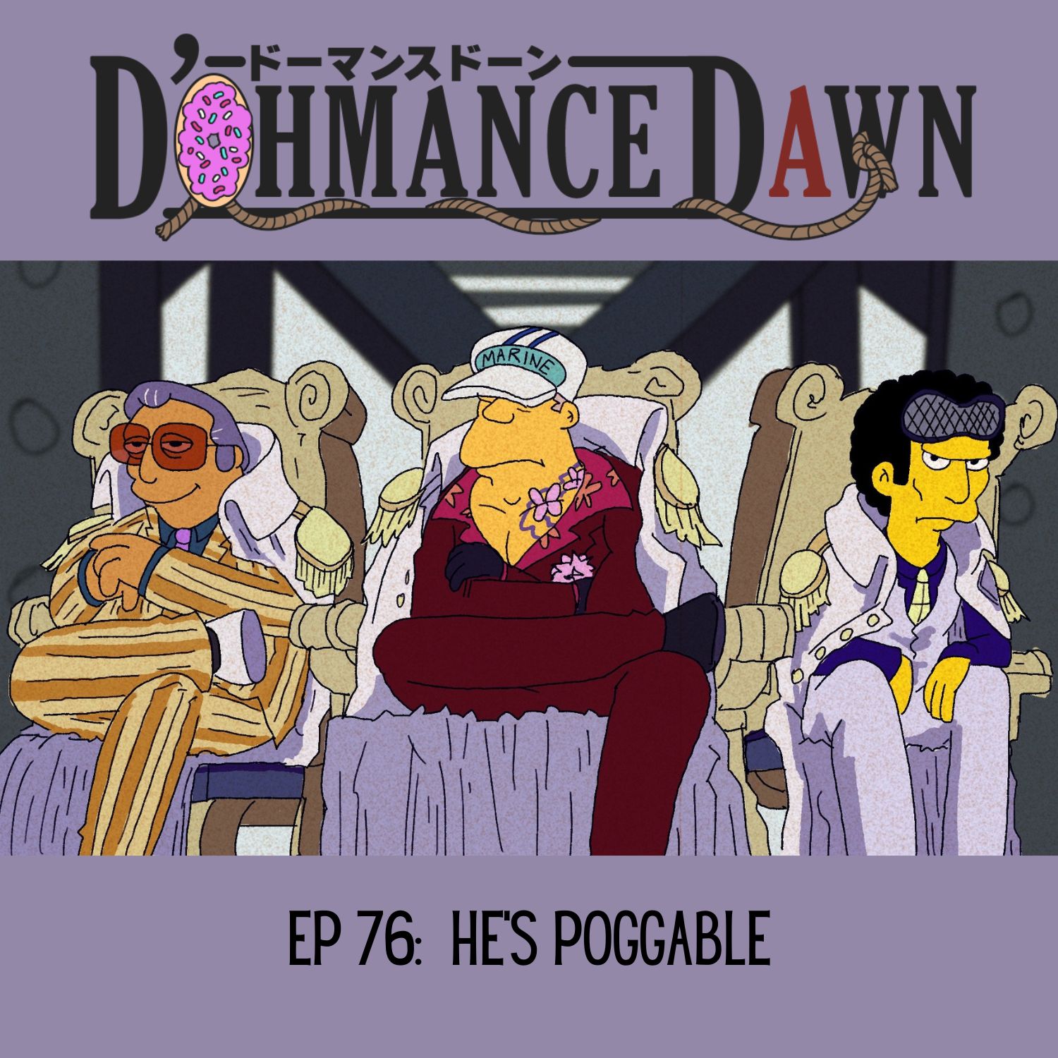 Fat Tony as Kizaru, Rainier Wolfcastle as Sakazuki and Louie as Aokiji sit.