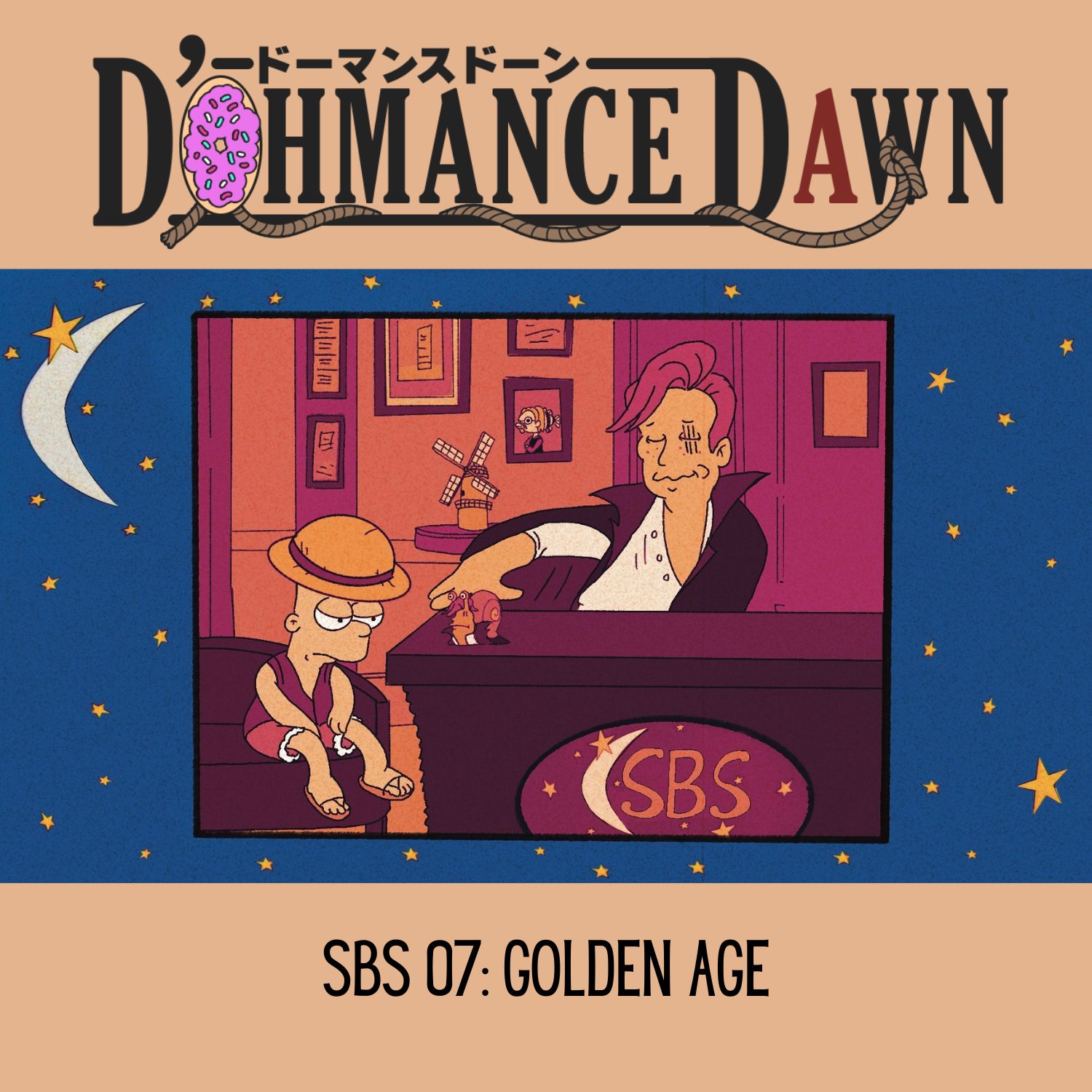 Conan O'Brien as Shanks dances while Stretch Dude Bart as Luffy looks miserable.