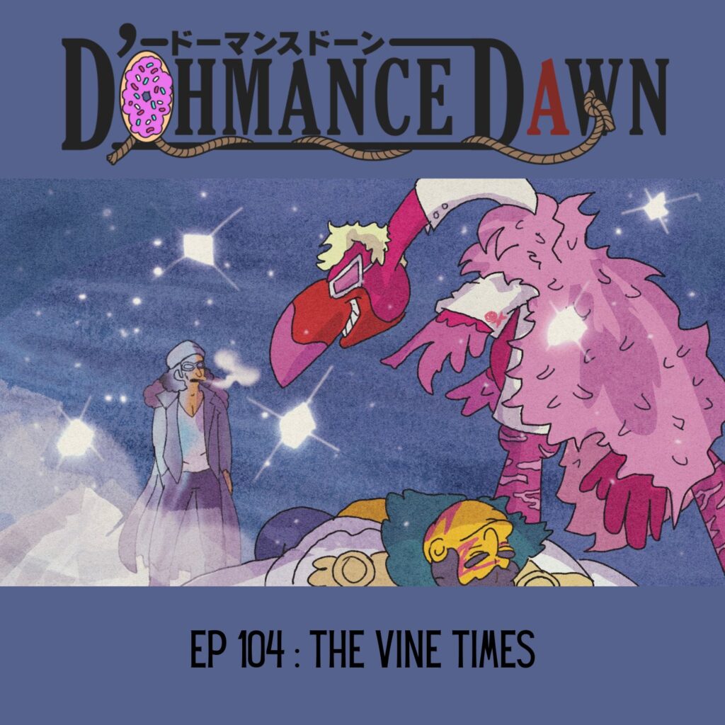 Flamenco Flamingo as Donquixote Doflamingo stands over Don Brodka as Smoker while Louie as Aokiji/Kuzan approaches.